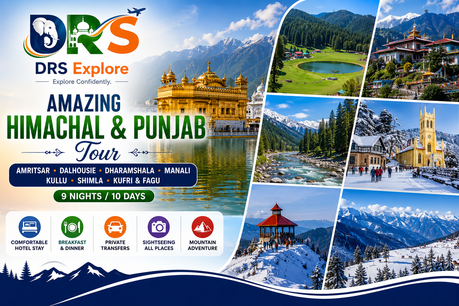 Amazing Himachal & Punjab Tour Package – Amritsar | Dalhousie | Dharamshala | Manali | Kullu | Shimla | Kufri & Fagu (9 Nights / 10 Days)
